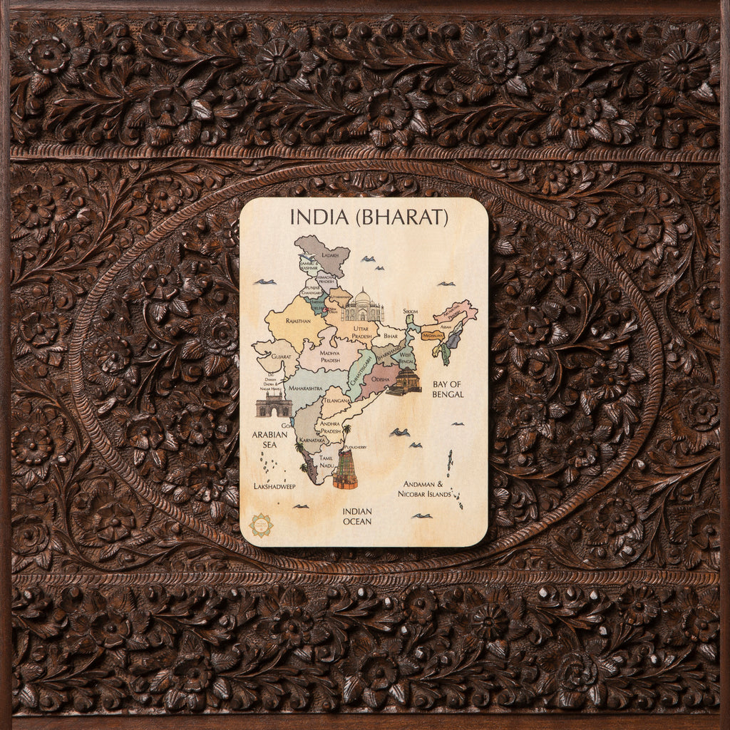 India (Bharat) Country Map Timber Tile + Matching Color In Card