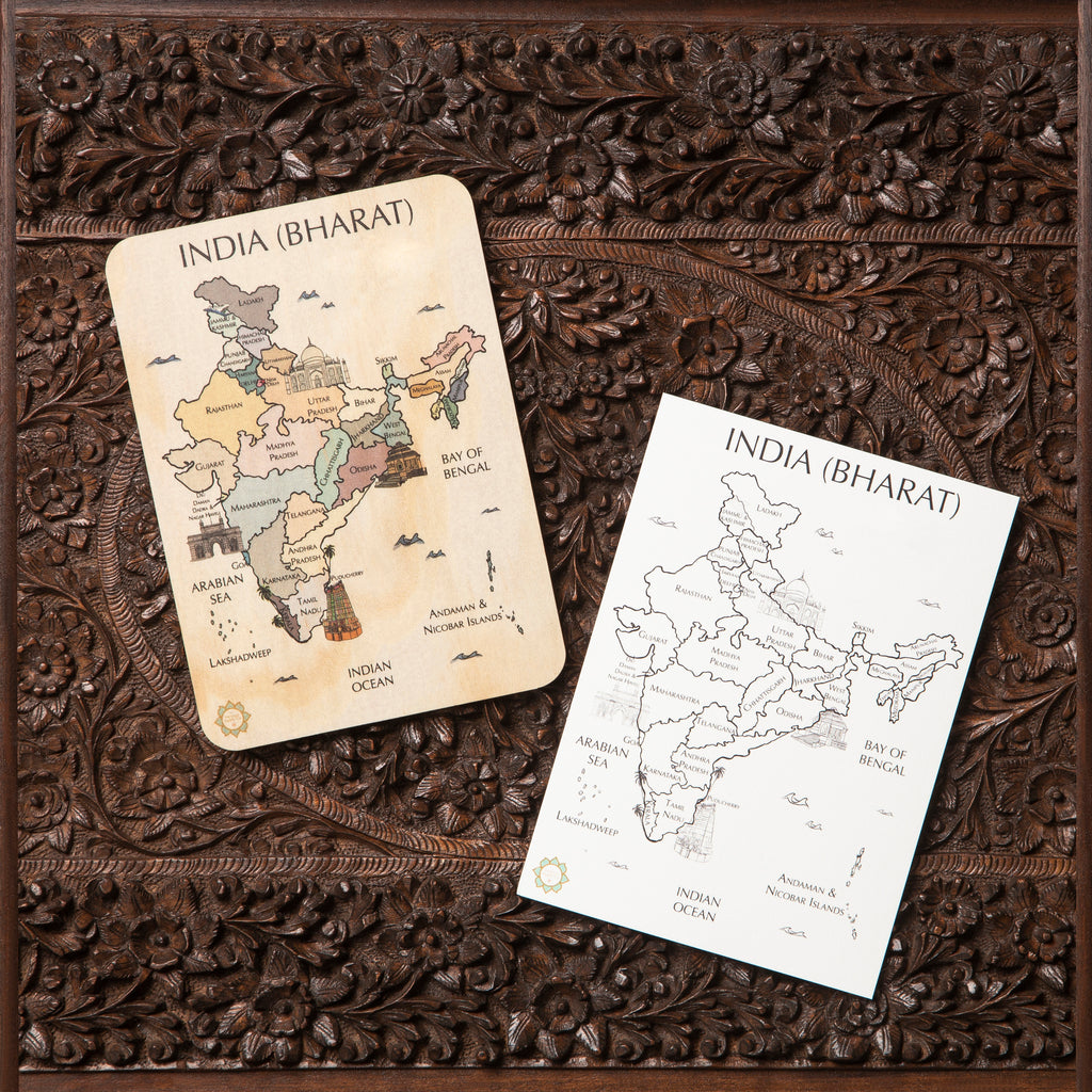 India (Bharat) Country Map Timber Tile + Matching Color In Card
